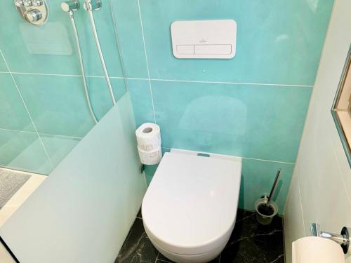 a bathroom with a white toilet in a blue wall at Ferienhaus Blockhaus am Hengstberg bei Dresden in Bannewitz