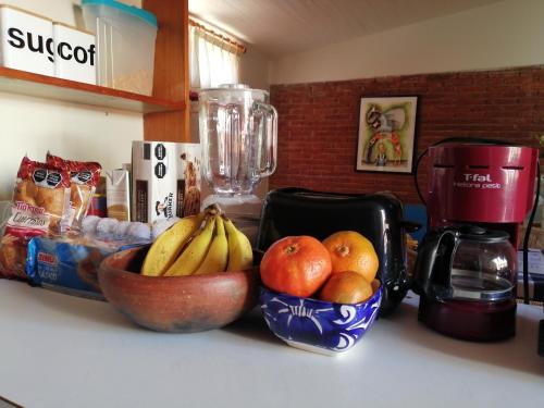 a counter with a bowl of fruit and a blender at Casa Mixteca Santo Domingo Oaxaca in Oaxaca City