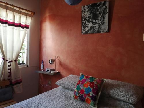 a bedroom with orange walls and a bed and a window at Casa Mixteca Santo Domingo Oaxaca in Oaxaca City
