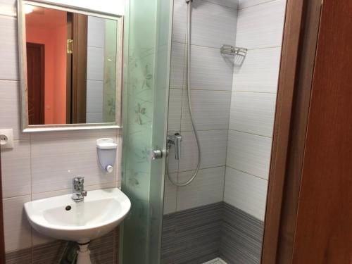 a bathroom with a sink and a shower with a mirror at Harmony on Andrew descent in Kyiv