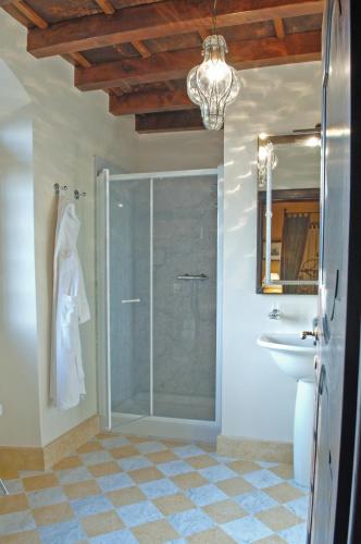 a bathroom with a shower and a toilet and a sink at Hotel Torre di San Martino in Gazzola Di Rivalta