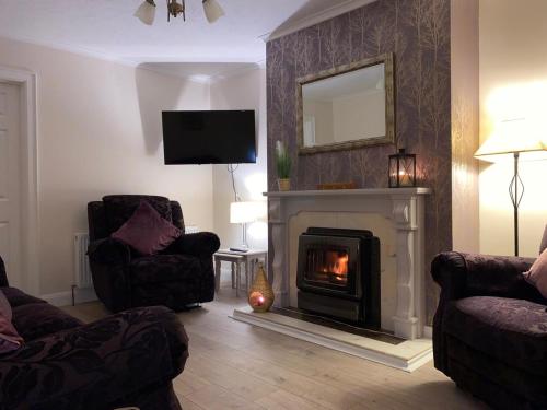 a living room with a fireplace and a tv at Mulberry House in Maguires Bridge