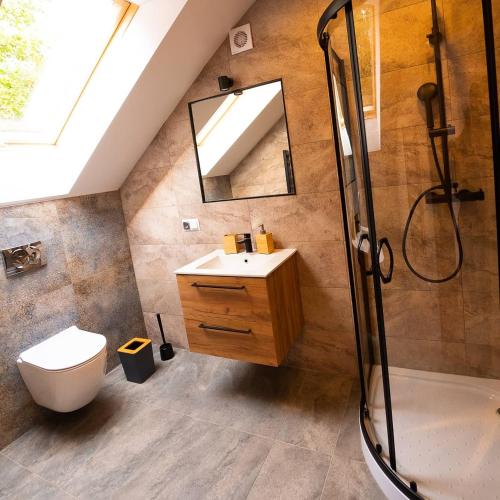 a bathroom with a shower and a toilet and a sink at Dziubanowo in Sanok