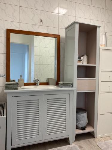une salle de bain avec un lavabo et un miroir dans l'établissement Grand appartement proche de Paris, à Chilly-Mazarin
