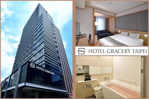 a hotel room with a building and a hotel craigery taxi at Hotel Gracery Taipei in Taipei