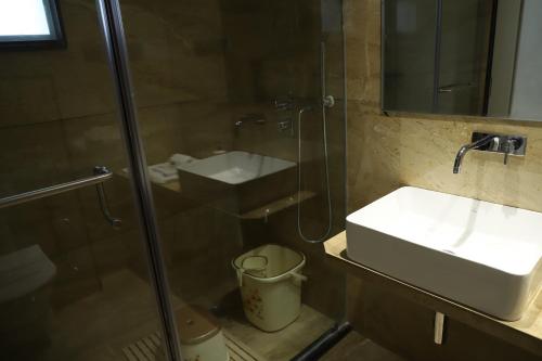 a bathroom with a glass shower and a sink at Hotel Florence in Nānded