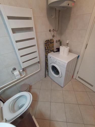 a bathroom with a toilet and a washing machine at Apartment Tifani Belville in Belgrade
