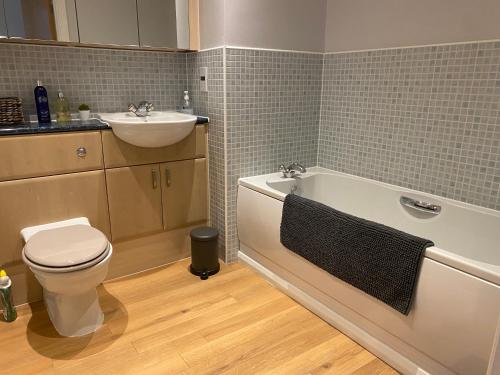 a bathroom with a toilet and a sink and a tub at Lime Tree Apartment in Coventry