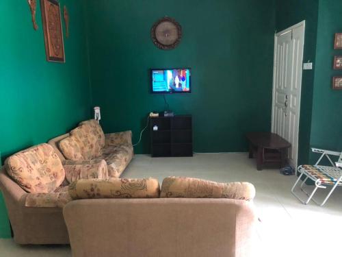 a living room with a couch and a green wall at Homestay Chik Da in Alor Setar