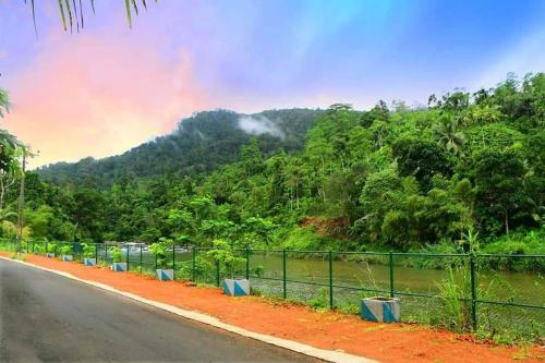 a road with a fence on the side of a mountain at Sinharaja Forest Gate in Deniyaya