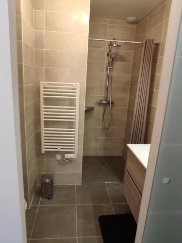 ein Bad mit Dusche und Duschvorhang in der Unterkunft Almendra34480 in Magalas
