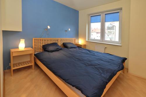 a bedroom with a large bed and a window at Apartament Słoneczny 6 in Opole