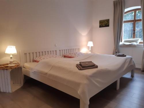 a bedroom with a bed with a towel on it at Rheingauzeit in Oestrich-Winkel