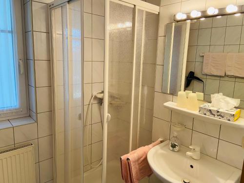 a bathroom with a shower and a sink at Appartementhaus Zum Fuchswirt in Bad Füssing