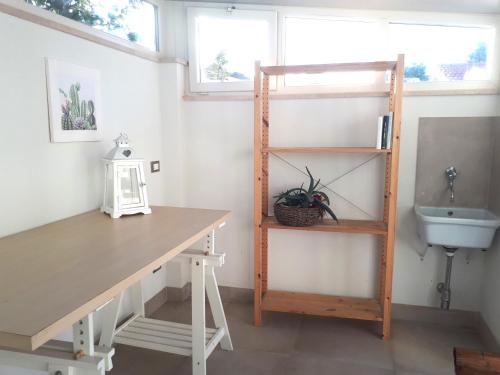 Habitación con escritorio, fregadero y estante. en Casa di Nicola, en Viareggio