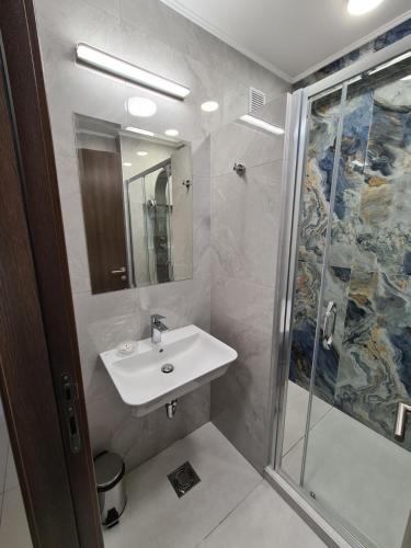 a bathroom with a sink and a shower at ForS Konak Apartments in Belgrade