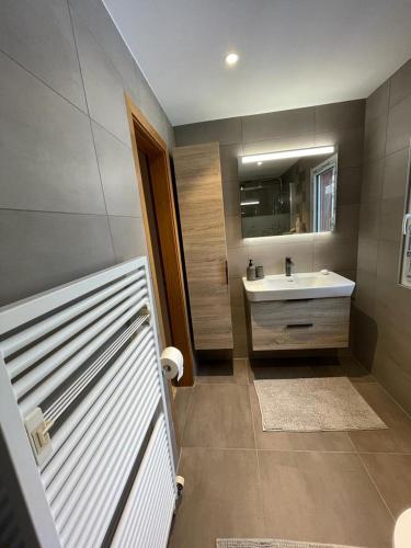a bathroom with a sink and a mirror at Appart sympa ! in Sonceboz