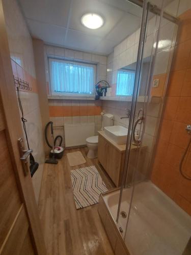 uma casa de banho com um chuveiro, um WC e um lavatório. em Apartament ANWAN em Wisla