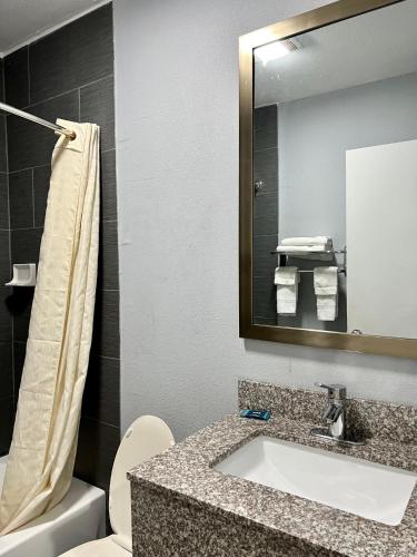 a bathroom with a sink and a toilet and a mirror at Knights Inn Madison Heights in Madison Heights