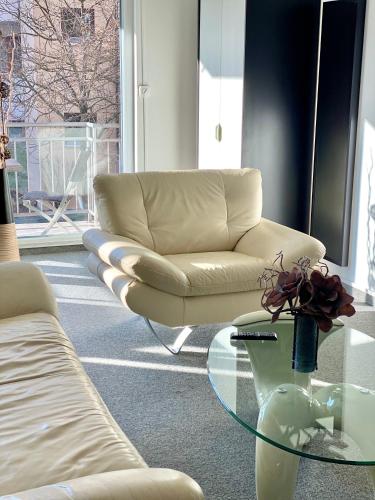 a living room with a couch and a glass table at Ferienwohnung Sonitschka in Lörrach