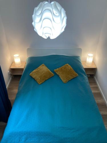 シュクラルスカ・ポレンバにあるApartament RED FLOWERSのベッドルーム1室(青いベッド1台、枕2つ付)