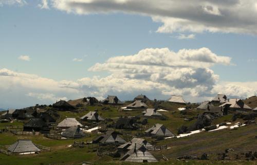a group of houses on a grassy hill with clouds at Penzion Repnik in Kamnik
