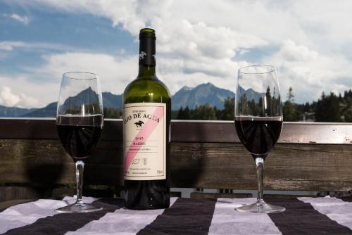 a bottle of wine and two glasses on a table at Arena Guesthouse in Flims