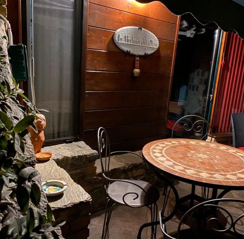 a patio with two tables and chairs and a sign that reads the hamentalium at BALMA DEI CUP con SPA privata su richiesta in Pont Canavese