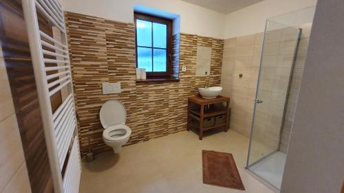 a bathroom with a toilet and a glass shower at CHALUPA ANNA in Dolní Morava