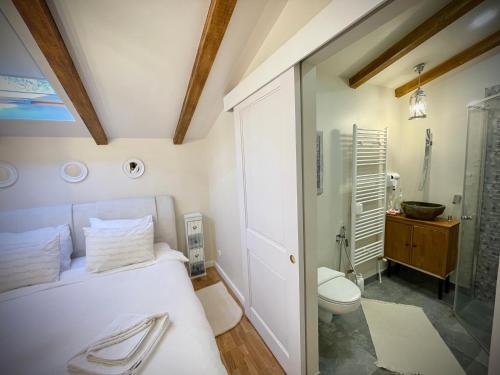 a bathroom with a bed and a shower and a toilet at Vila Montana Valiug in Văliug