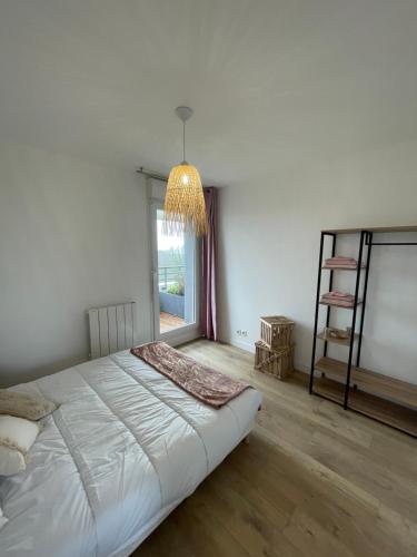 - une chambre avec un lit, un lustre et une fenêtre dans l'établissement APPARTEMENT VANNES, à Vannes