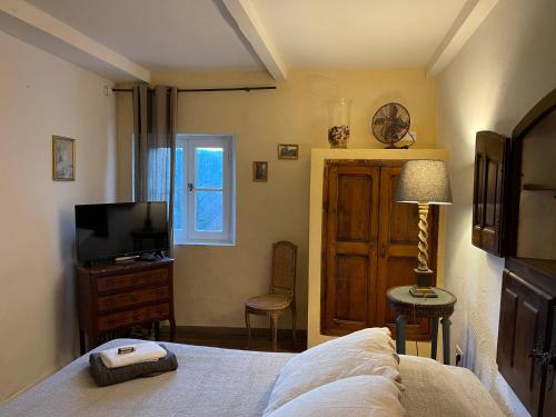 ムスティエ・サント・マリーにあるDomaine d'Angouireのベッドルーム(ベッド1台、テレビ、窓付)