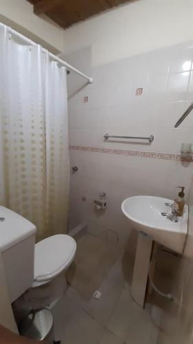 a white bathroom with a toilet and a sink at Posada Mis Padres in Godoy Cruz