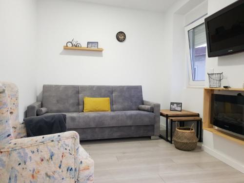 a living room with a couch and a television at Henriqueta Maia Suits in Ílhavo