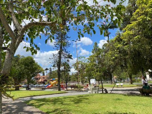 a park with trees and a playground in the background at Apto temático Pintura e Porcelana Centro Pomerode in Pomerode