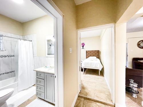 a bathroom with a shower and a sink and a toilet at Red Hassell Manor in Port Antonio