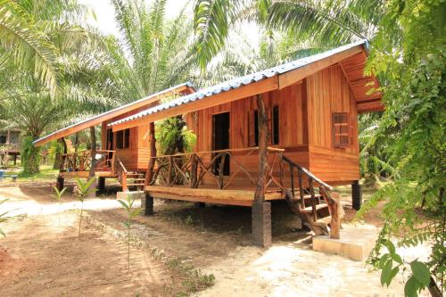 a small wooden house in the middle of a forest at Khao Sok Palmview Resort in Khao Sok