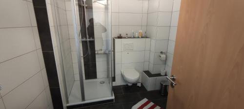 a bathroom with a toilet and a glass shower at Haus Kunterbunt in Mehlingen