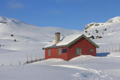 una casa roja en la nieve con una montaña en Olestølen en Skammestein