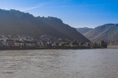 a river with houses and mountains in the background at Hotel & Restaurant Krone in Kestert