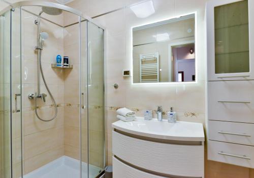 a bathroom with a shower and a sink and a mirror at Apartments Leona in Umag