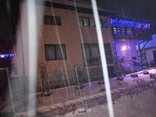 a building with blue lights on the side of it at Casa Alex in Topliţa