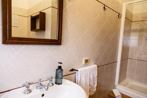 a bathroom with a sink and a shower and a mirror at Poggio del Sole in Castiglione del Lago