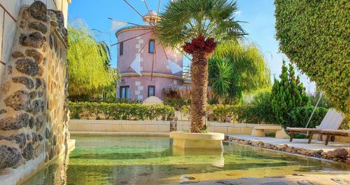 a house with a palm tree and a building at Anemomili Village in Kissamos