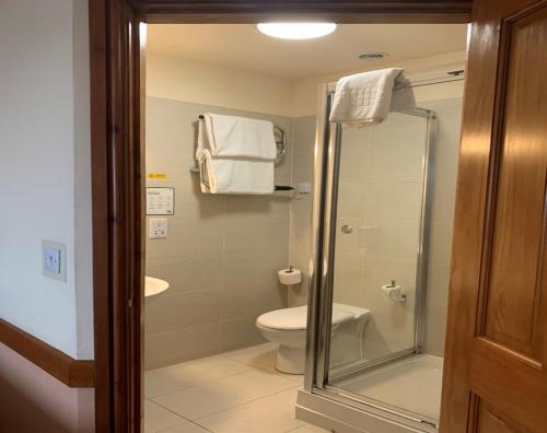 a bathroom with a shower and a toilet and towels at Villager Hotel in Ingoldmells