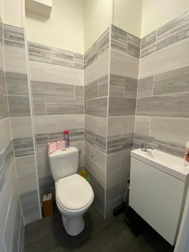 une salle de bain avec toilettes et lavabo dans l'établissement Le Glacier, à Dieppe