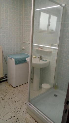 une salle de bain avec un lavabo, des toilettes et une douche dans l'établissement La Grange aux Tommies - Pays du Coquelicot, à Bus Les Artois