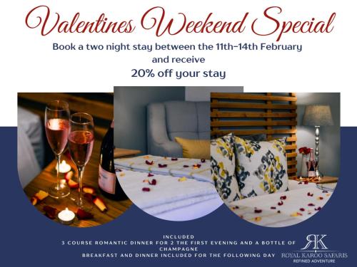 a flyer for a wedded proposal with wine glasses and a bed at Royal Karoo Safari Lodge in Steytlerville