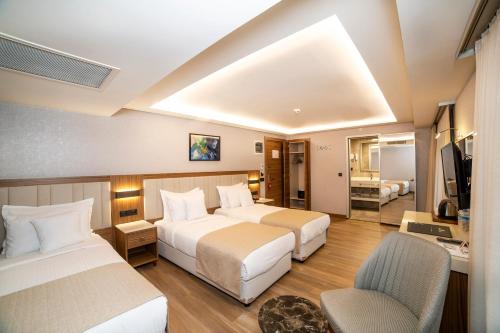 a hotel room with two beds and a television at Erboy Hotel Istanbul Sirkeci in Istanbul