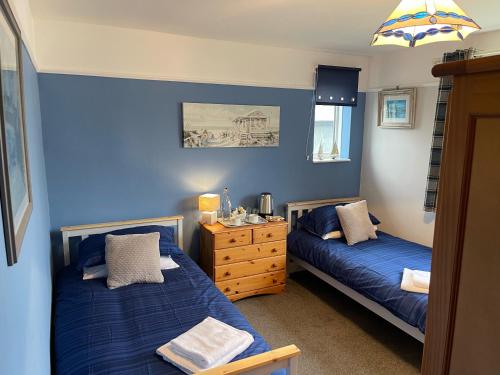 a blue room with two beds and a dresser at TRETHEWEY GUEST HOUSE in Fowey